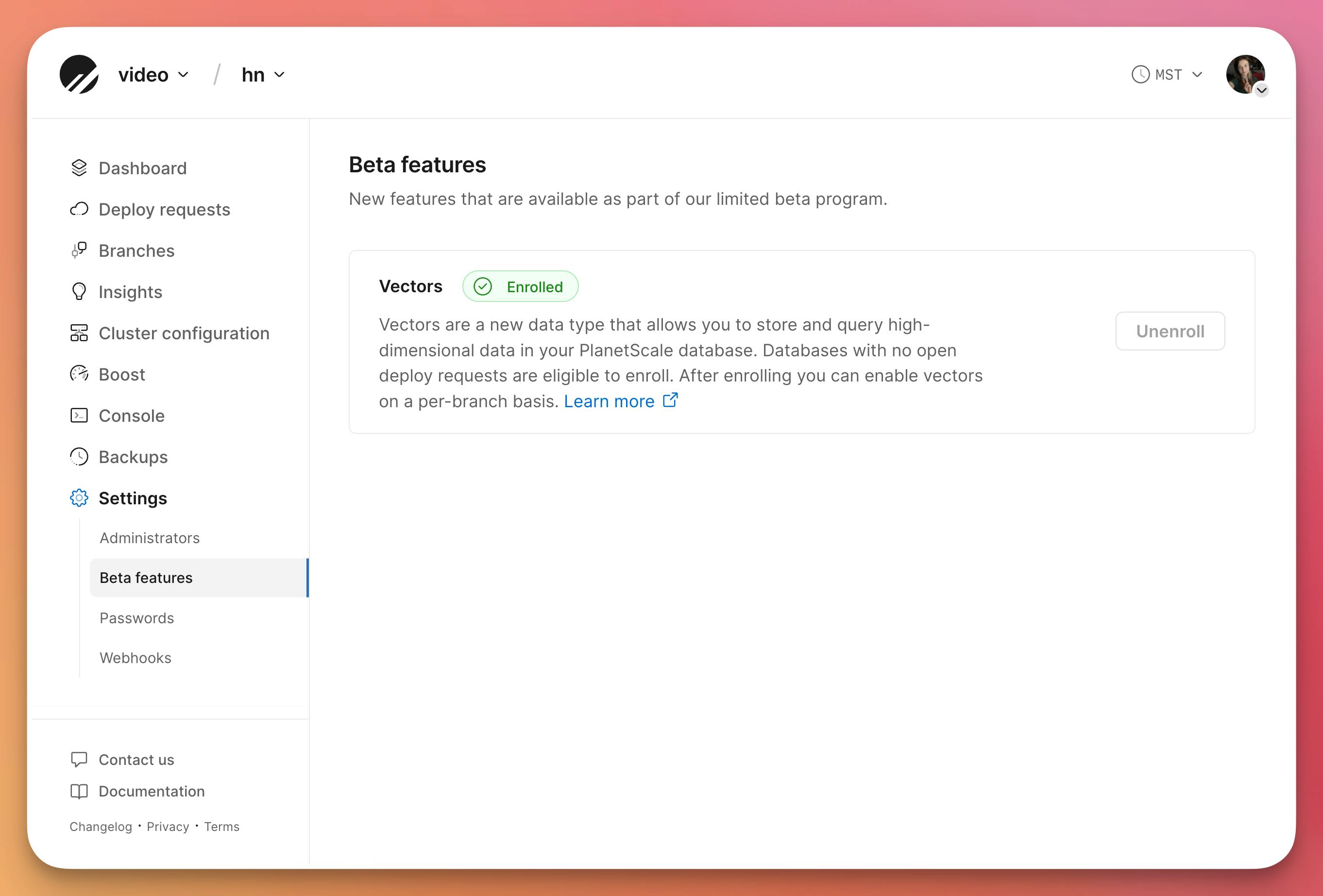 PlanetScale dashboard - vectors beta enrollment