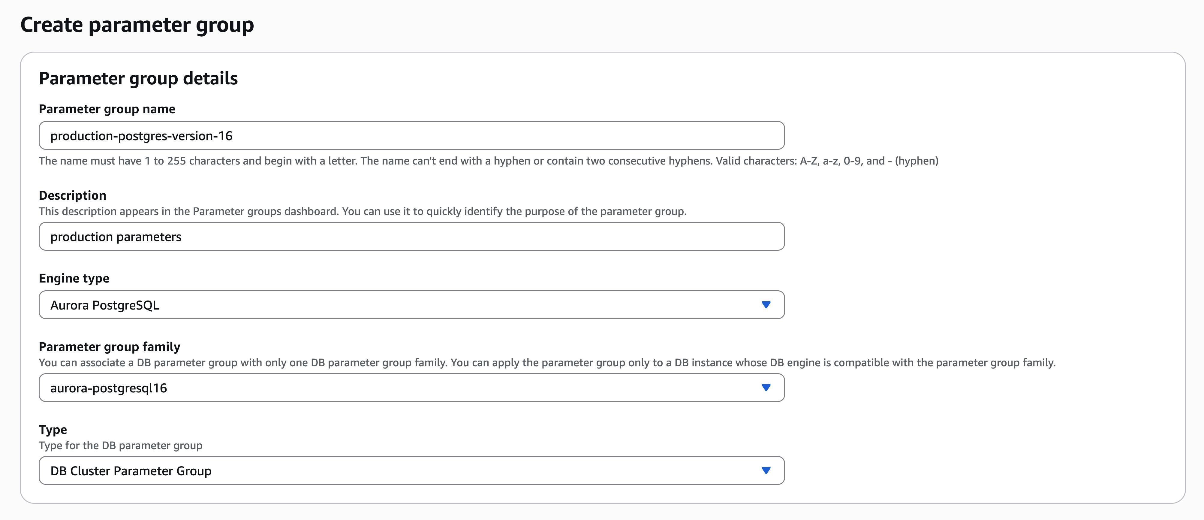 Create an AWS parameter group