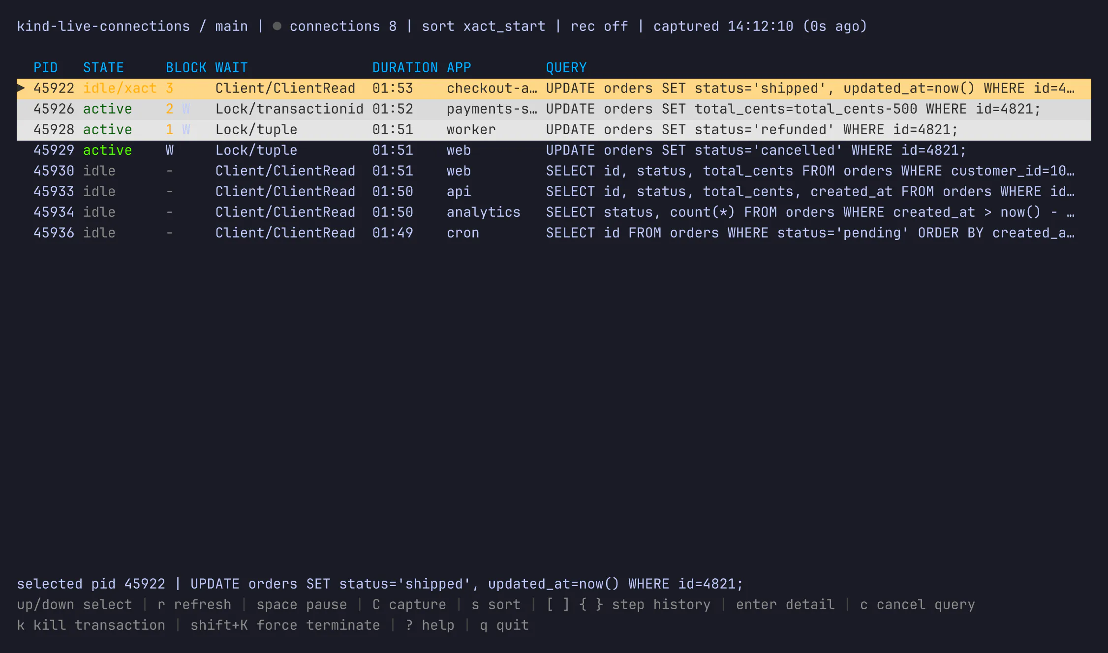 Inspecting live connections from the pscale CLI