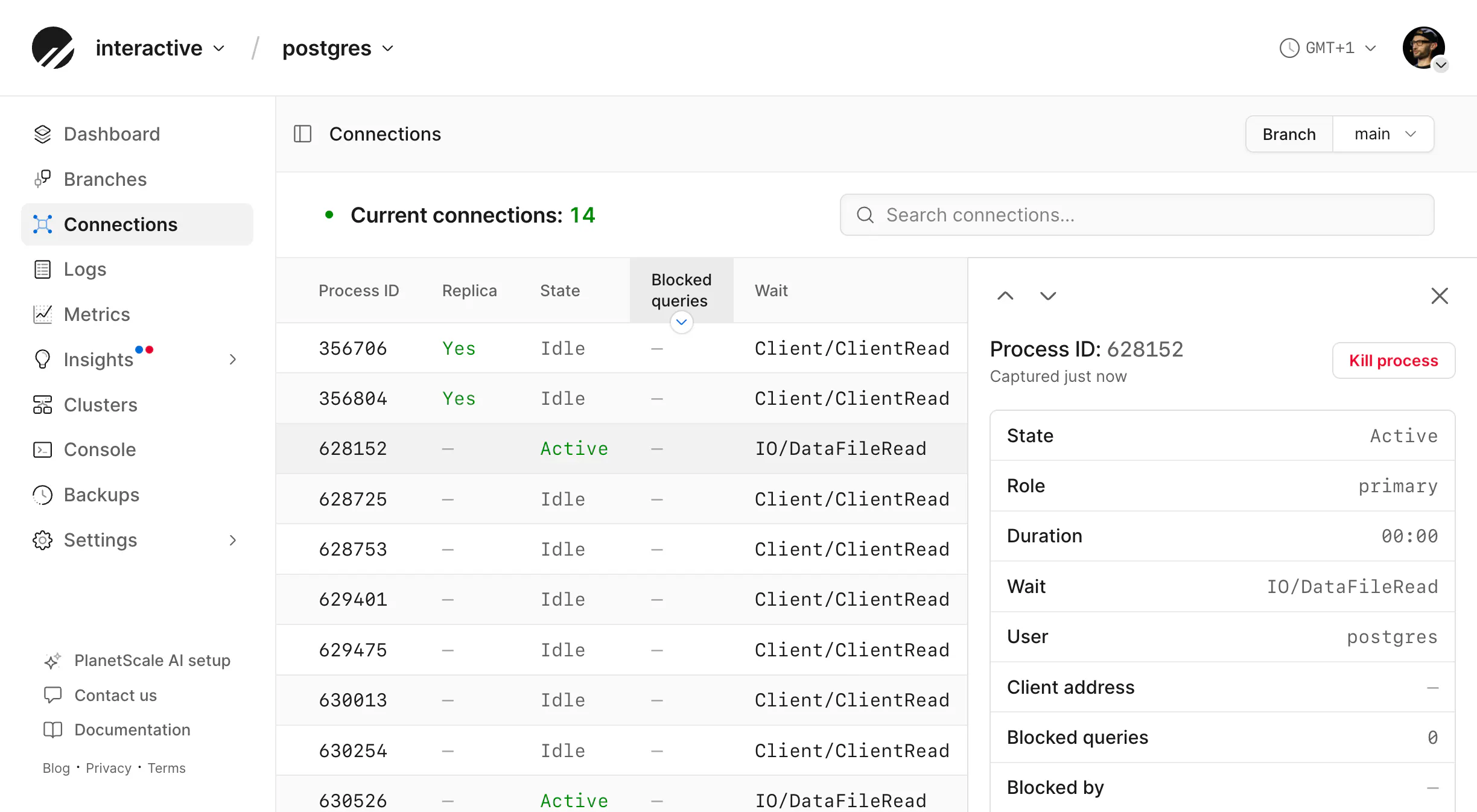 The Connections detail panel for a selected process, with wait event, blocked queries, and a Kill process action