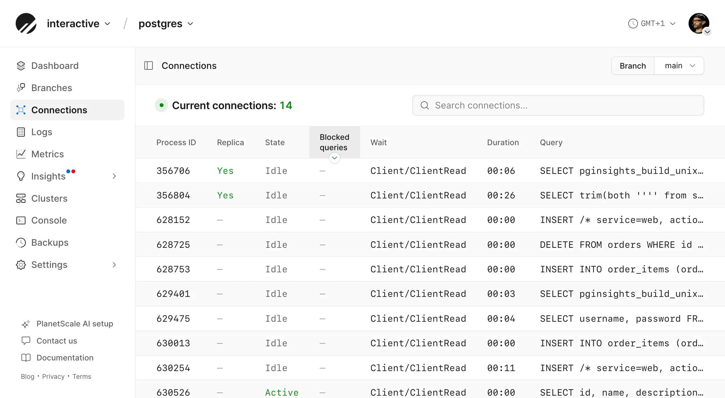 The PlanetScale dashboard Connections list, with process ID, state, blocked queries, and query columns