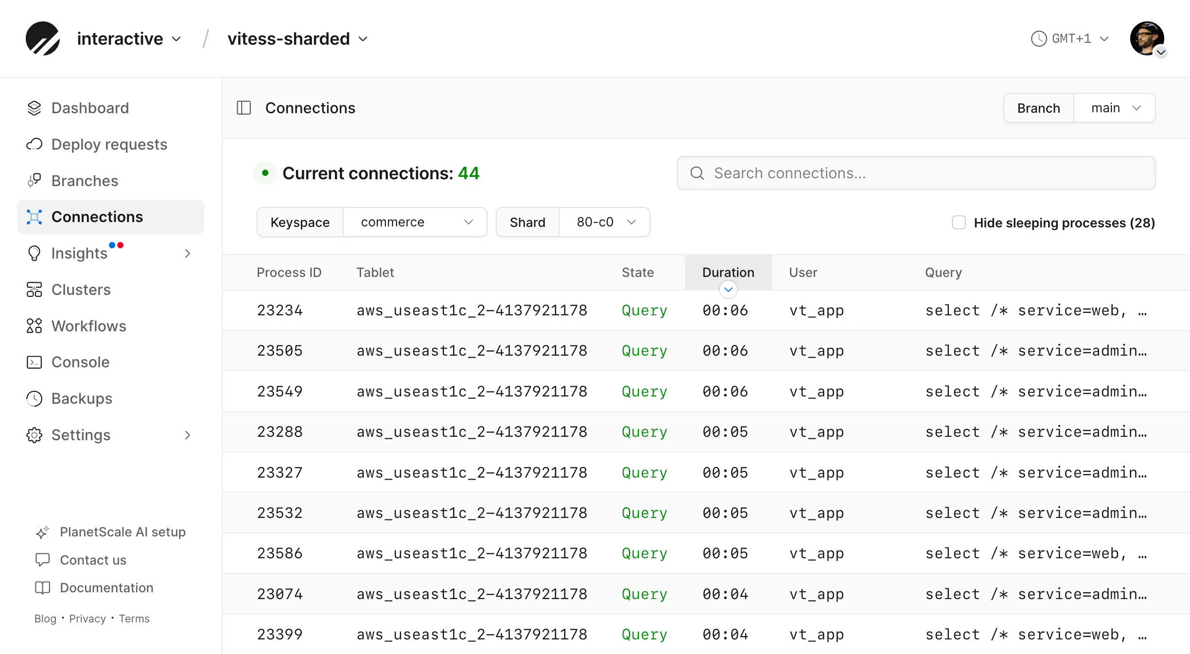 The PlanetScale dashboard Connections list on a Vitess database, scoped to a keyspace and shard
