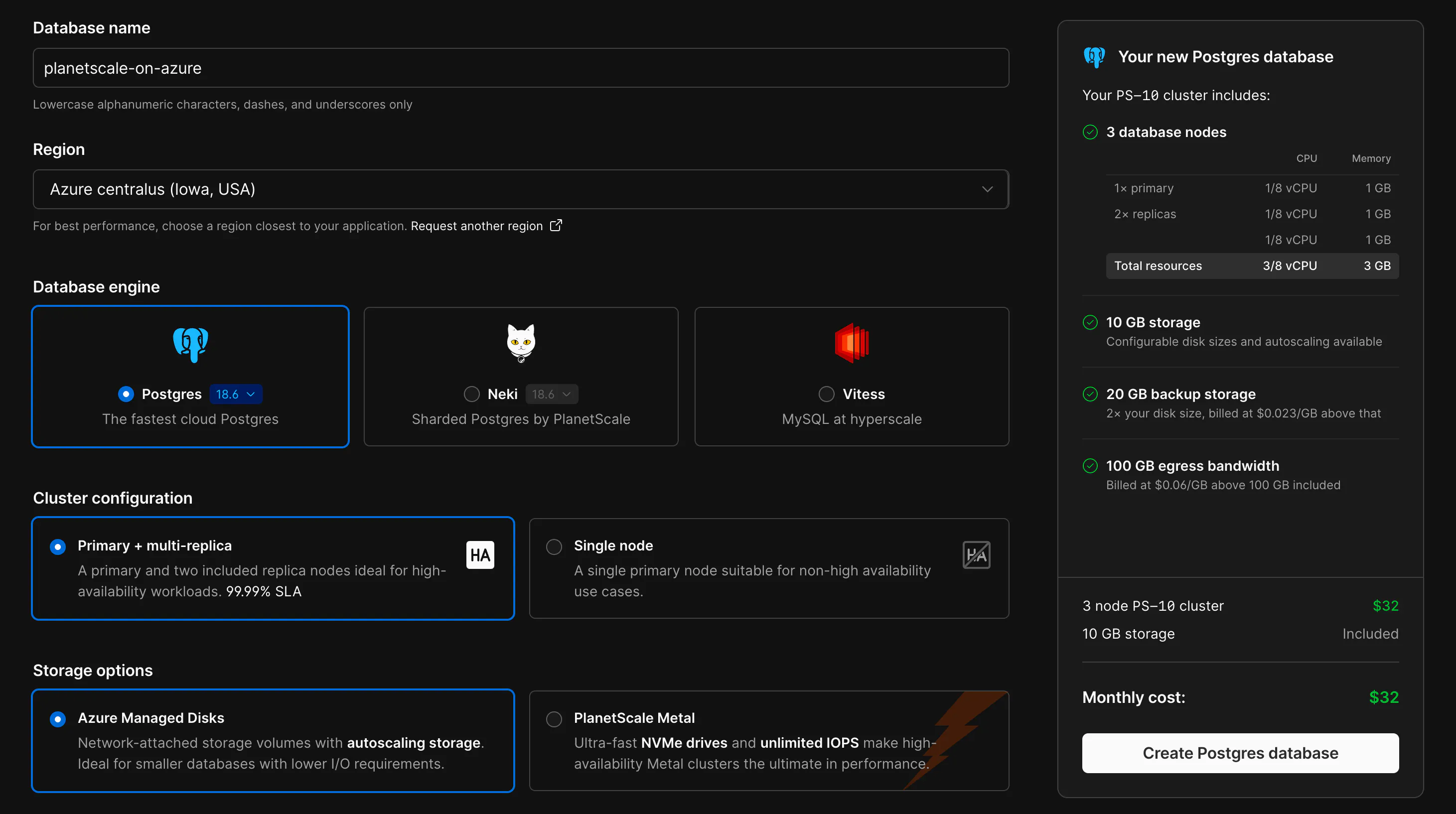 Creating a PlanetScale Postgres database in the Azure centralus region