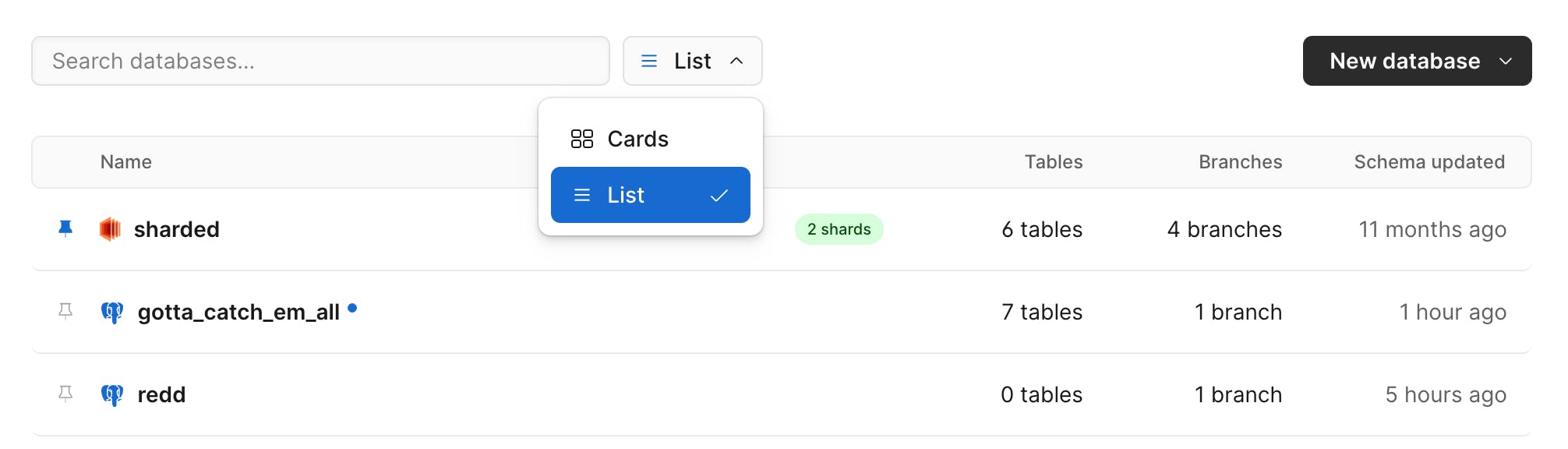 Database list/card view toggle