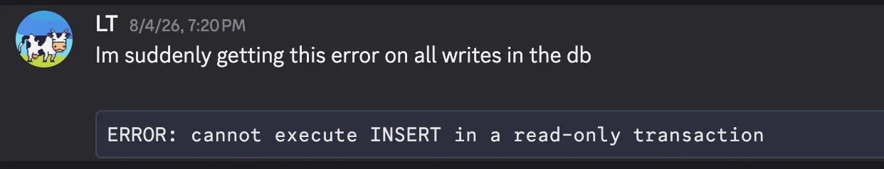 Discord message reporting cannot execute INSERT in a read-only transaction