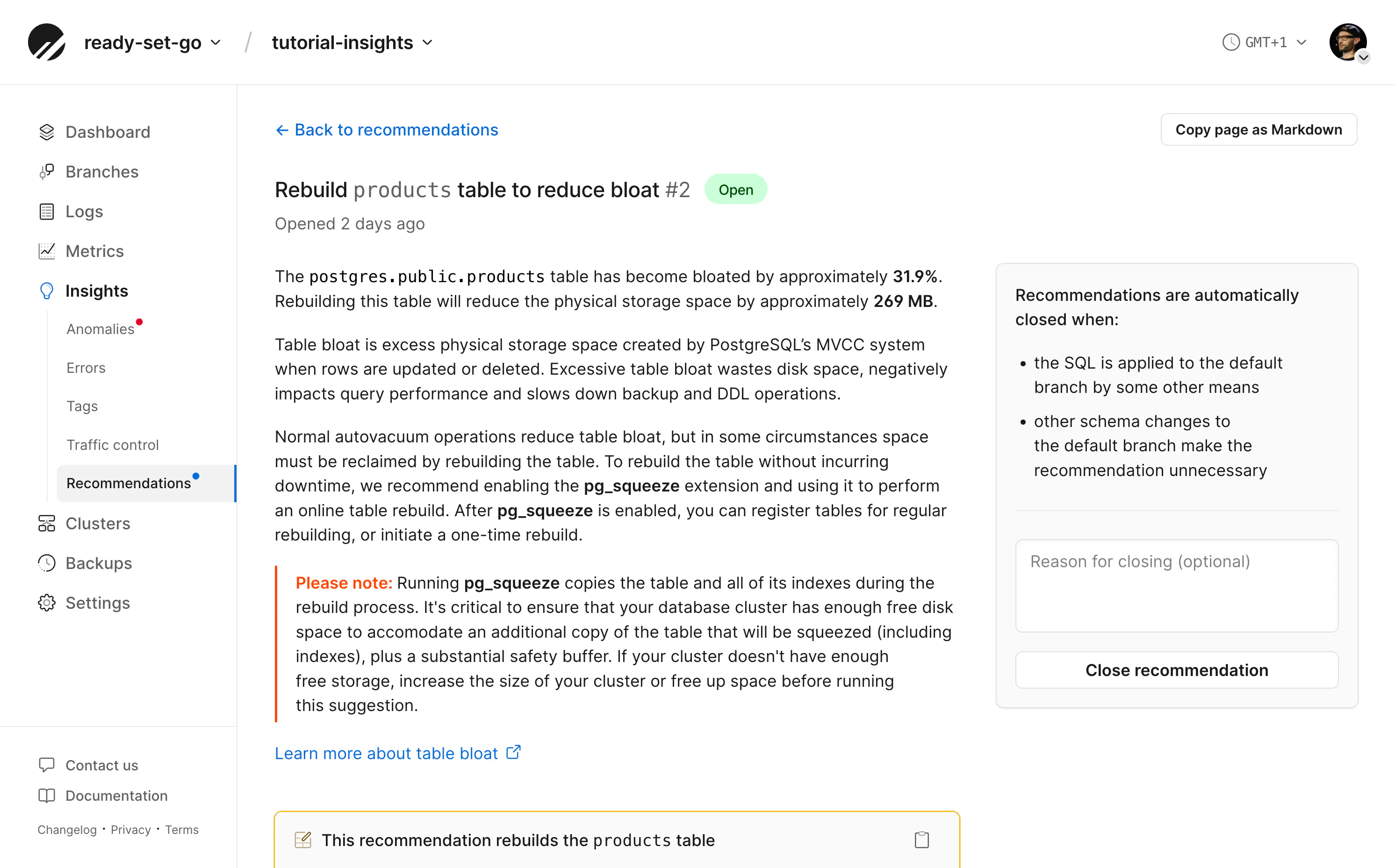 Insights recommendations page