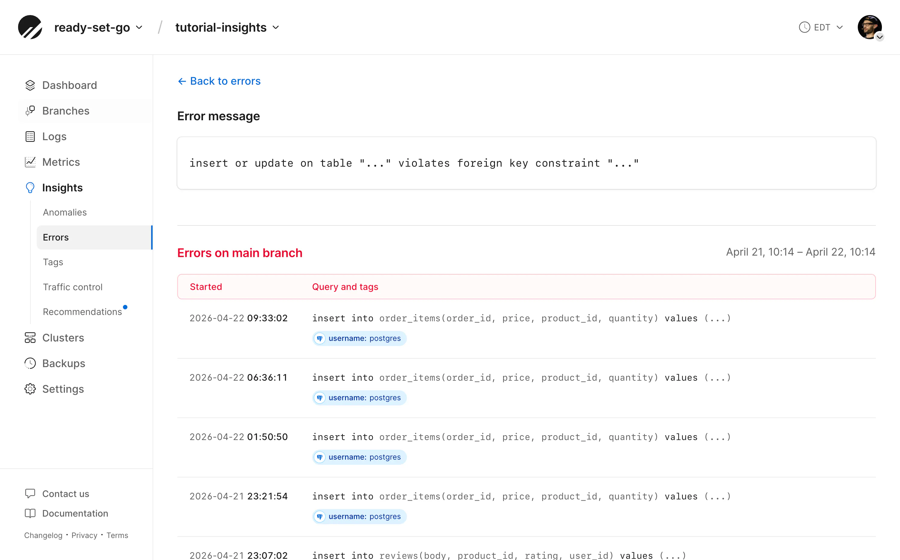 Insights errors page showing duplicate key constraint violations