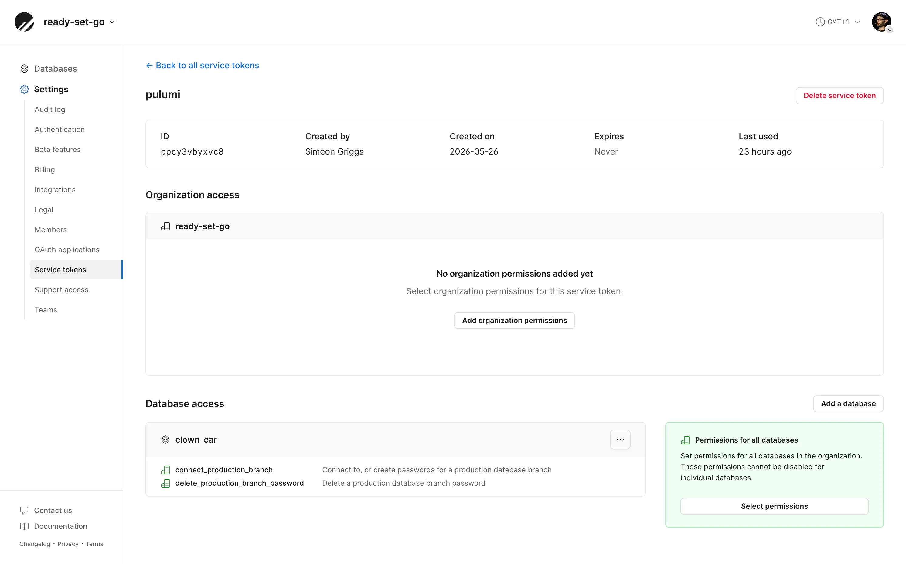 Applying permissions to a service token in the PlanetScale dashboard