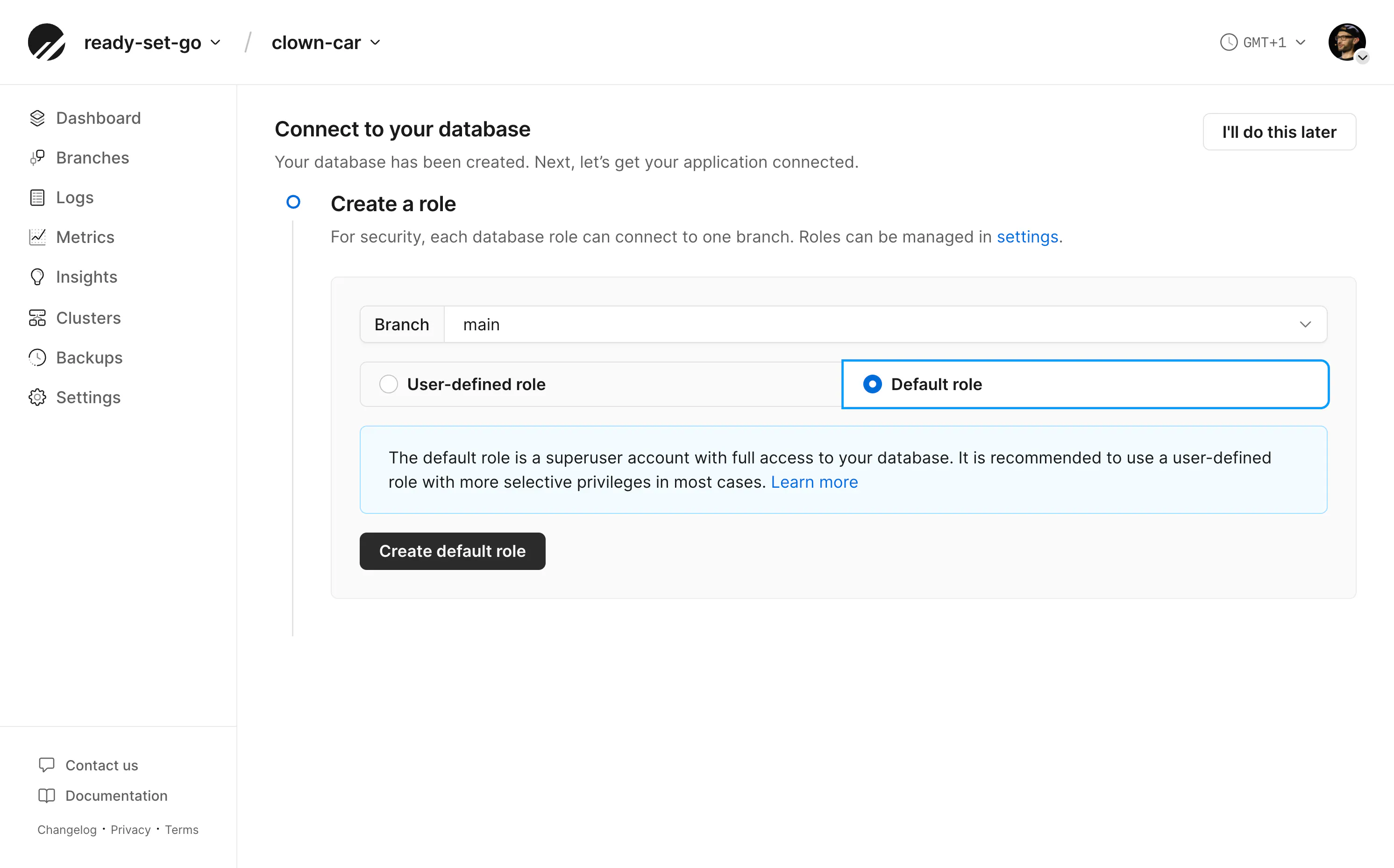 Creating the default role in the PlanetScale dashboard