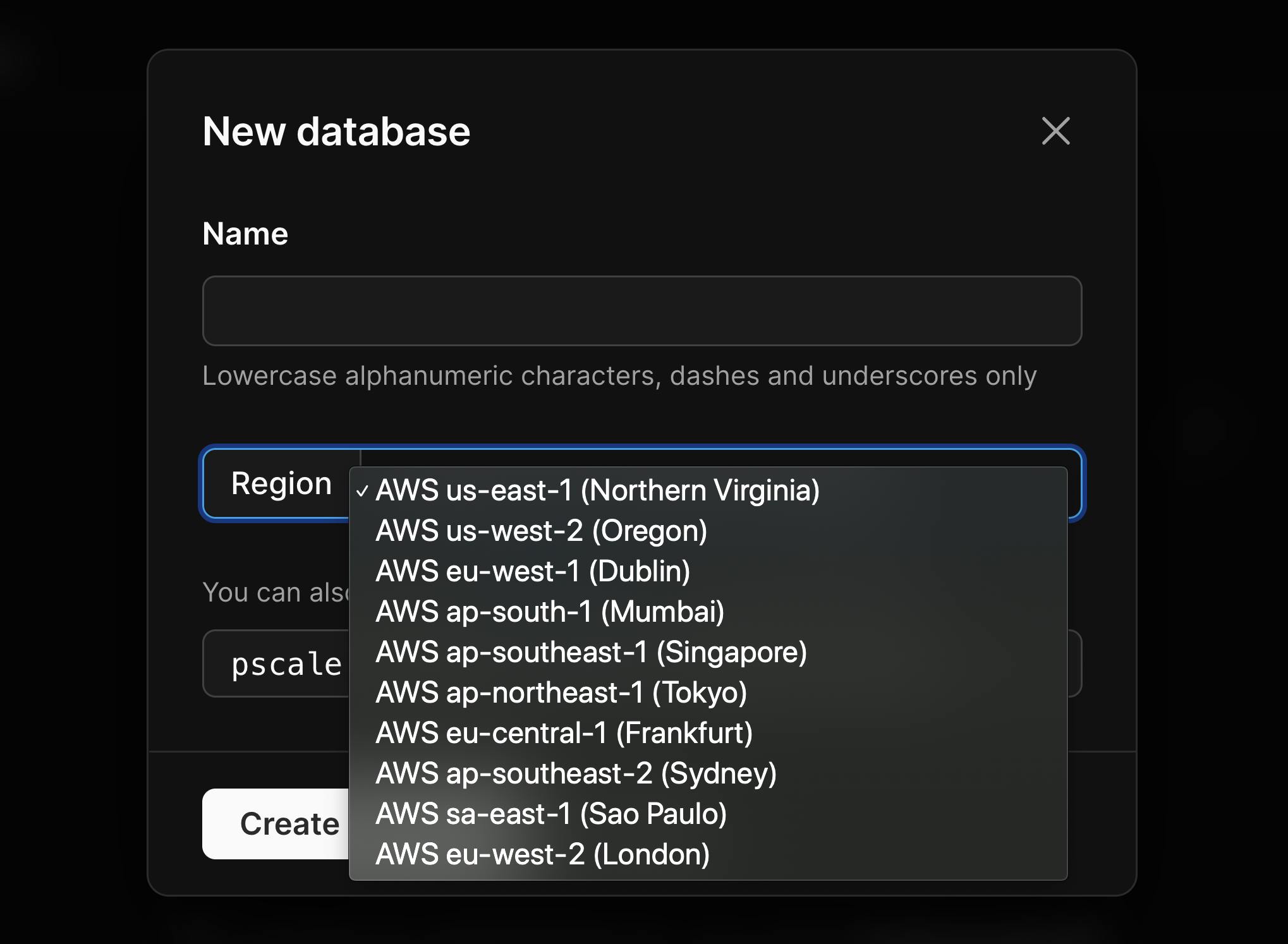 Select your database region.