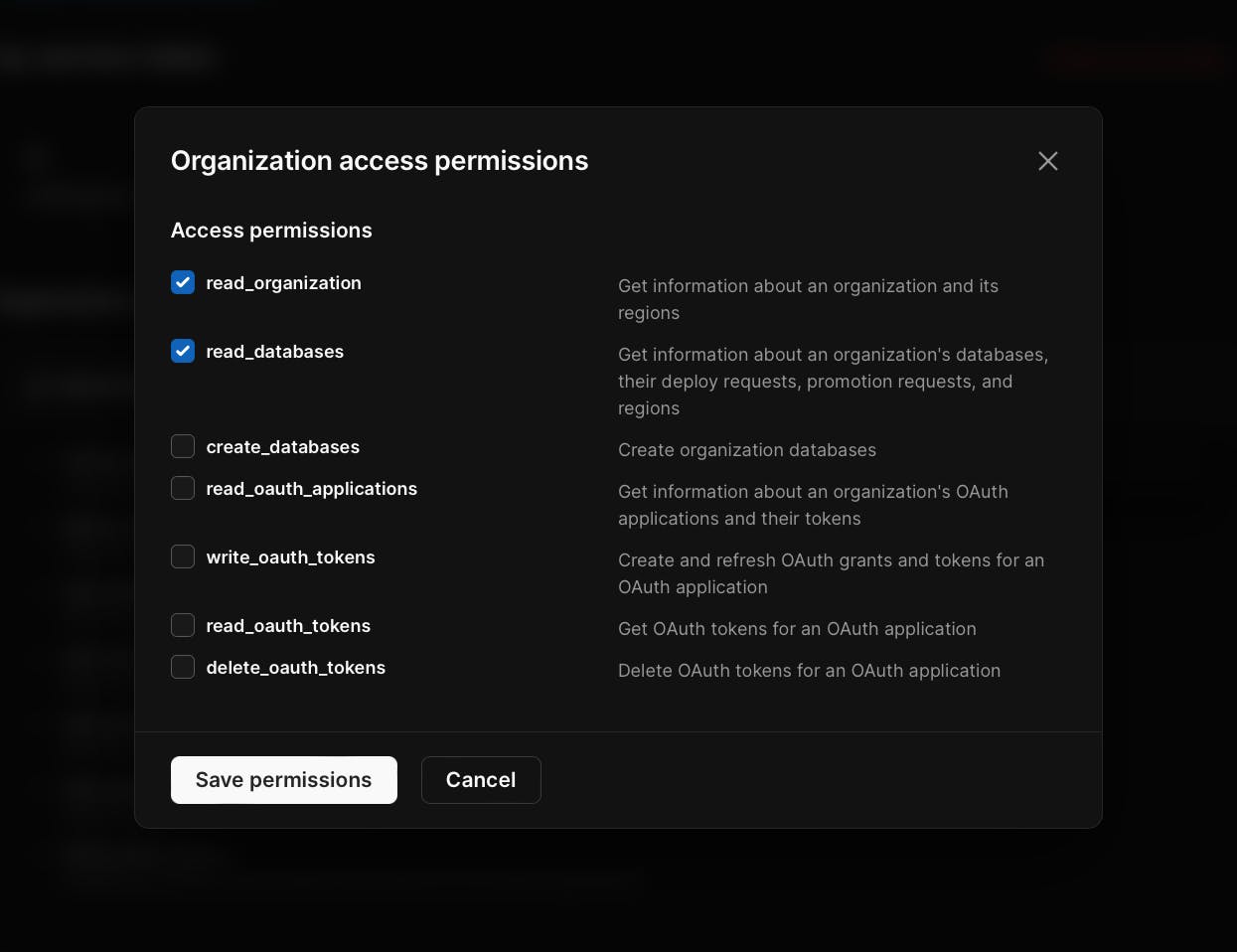 The Organization access permissions modal while modifying permissions.
