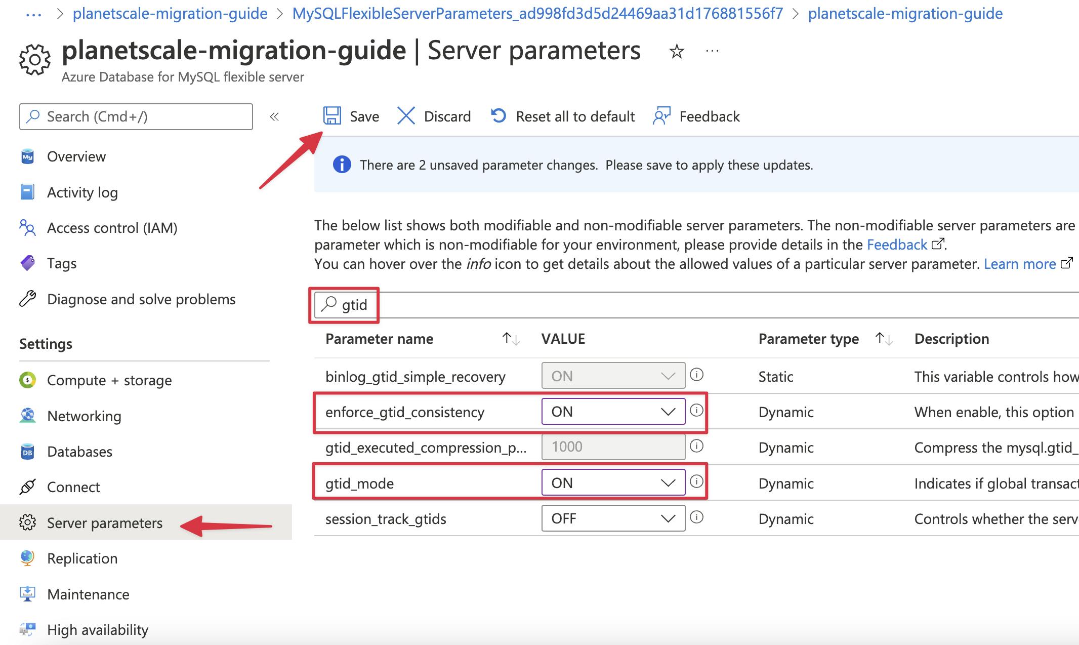 How to access gtid settings in the Azure dashboard.