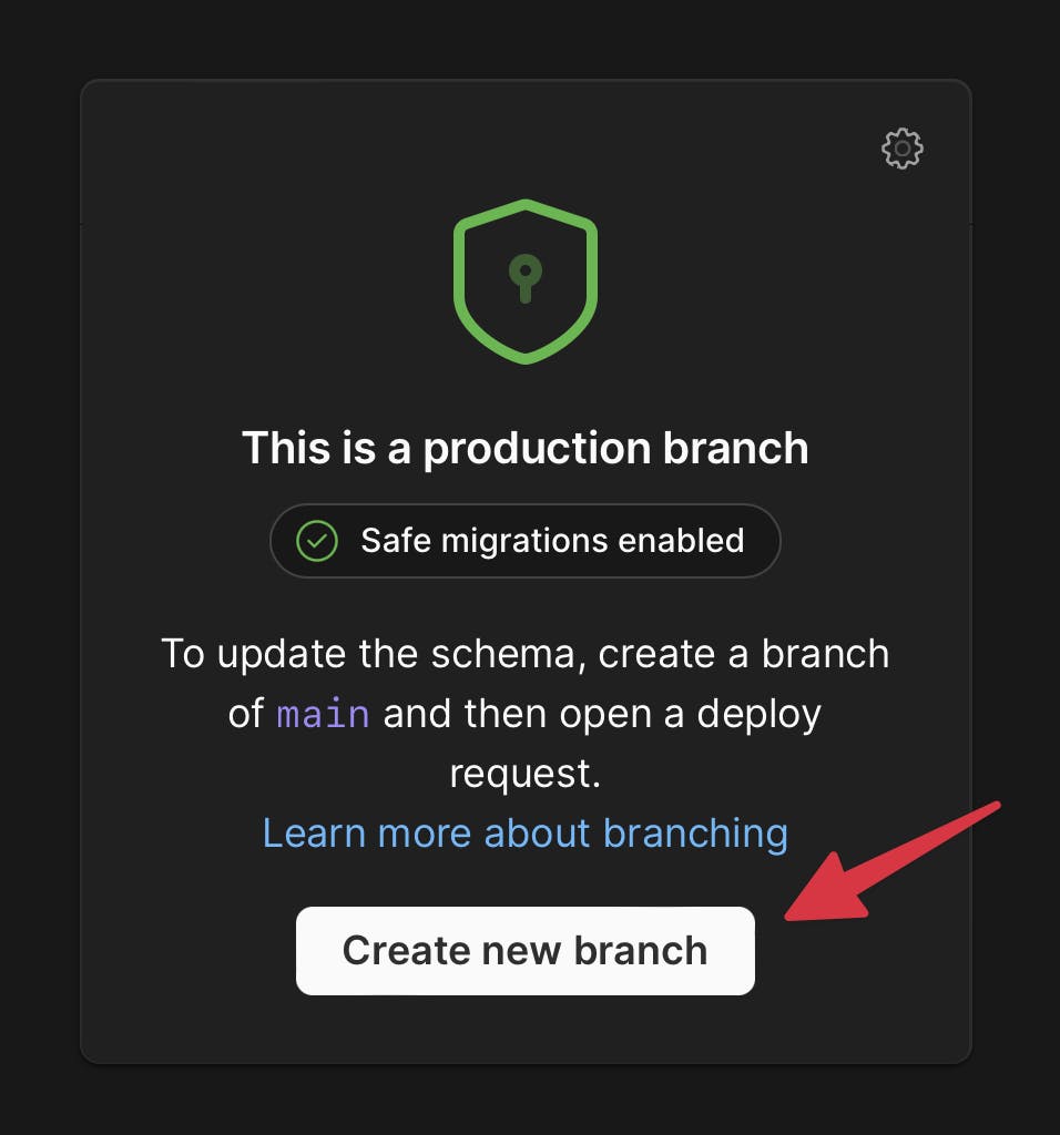 The production branch UI card with the Create new branch button highlighted.