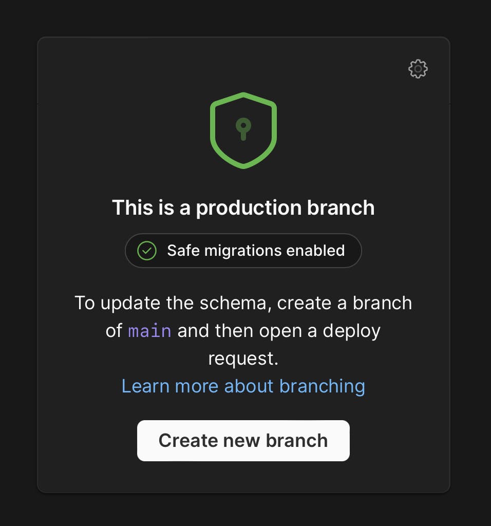 The production branch UI card with safe migrations enabled.