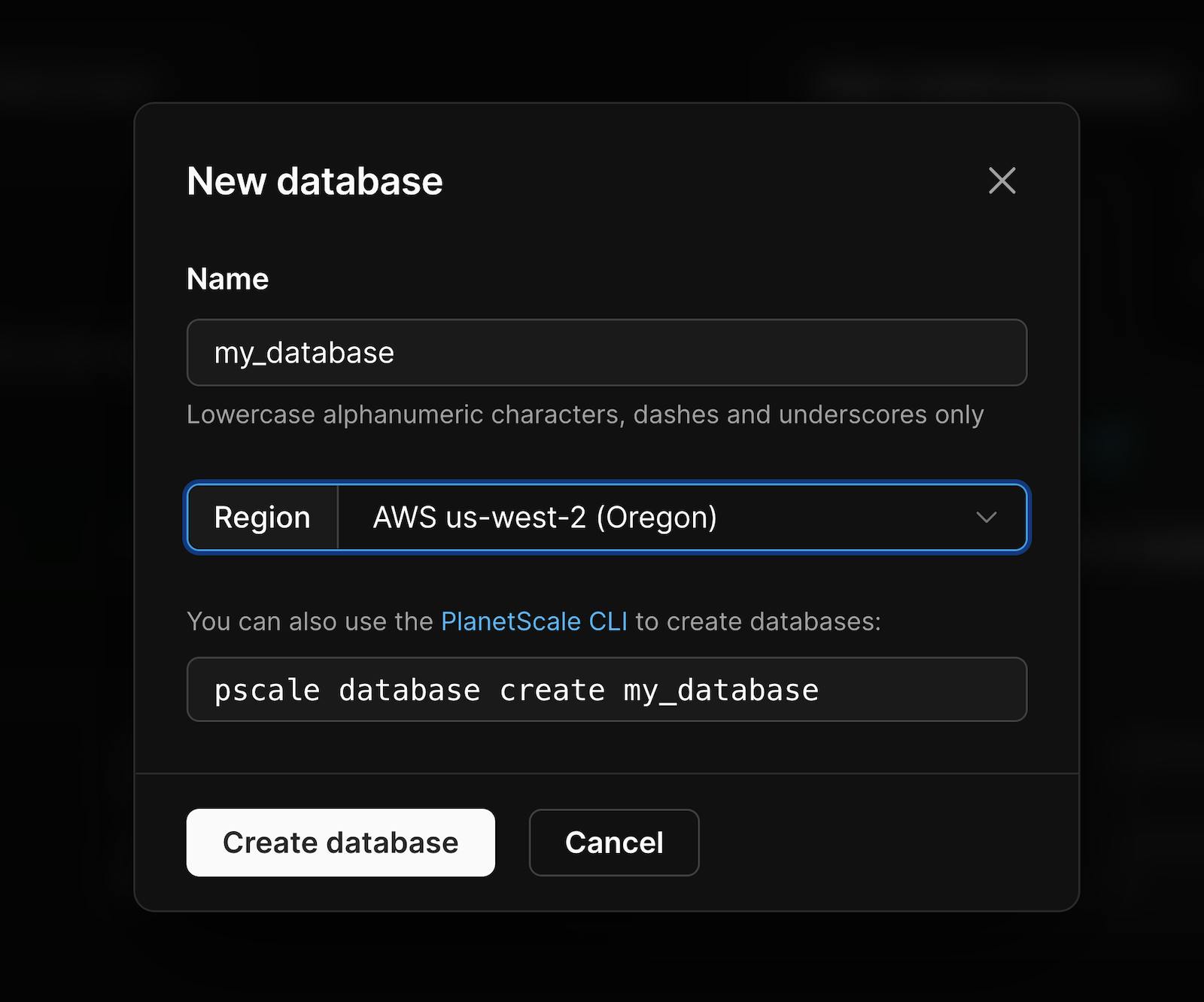 Create a new database modal