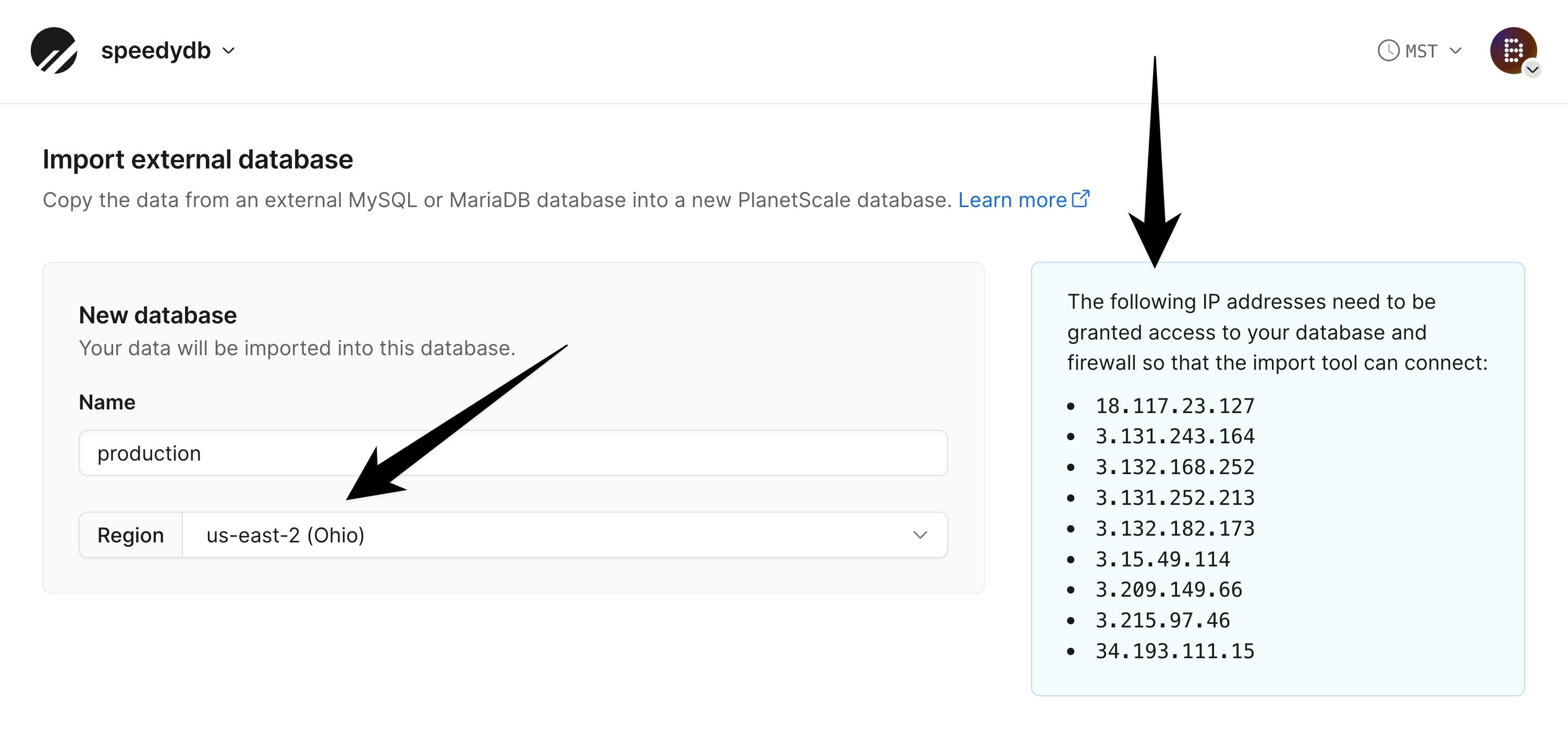 The New database section of the Import database tool.