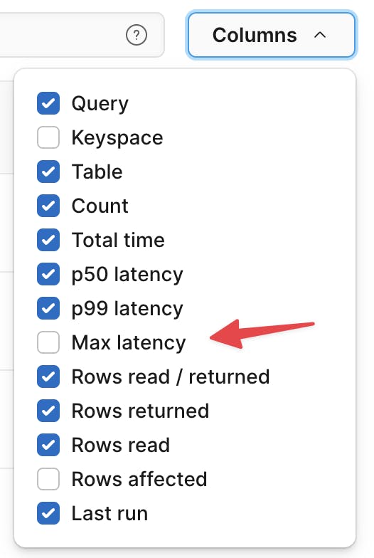 Max latency column option