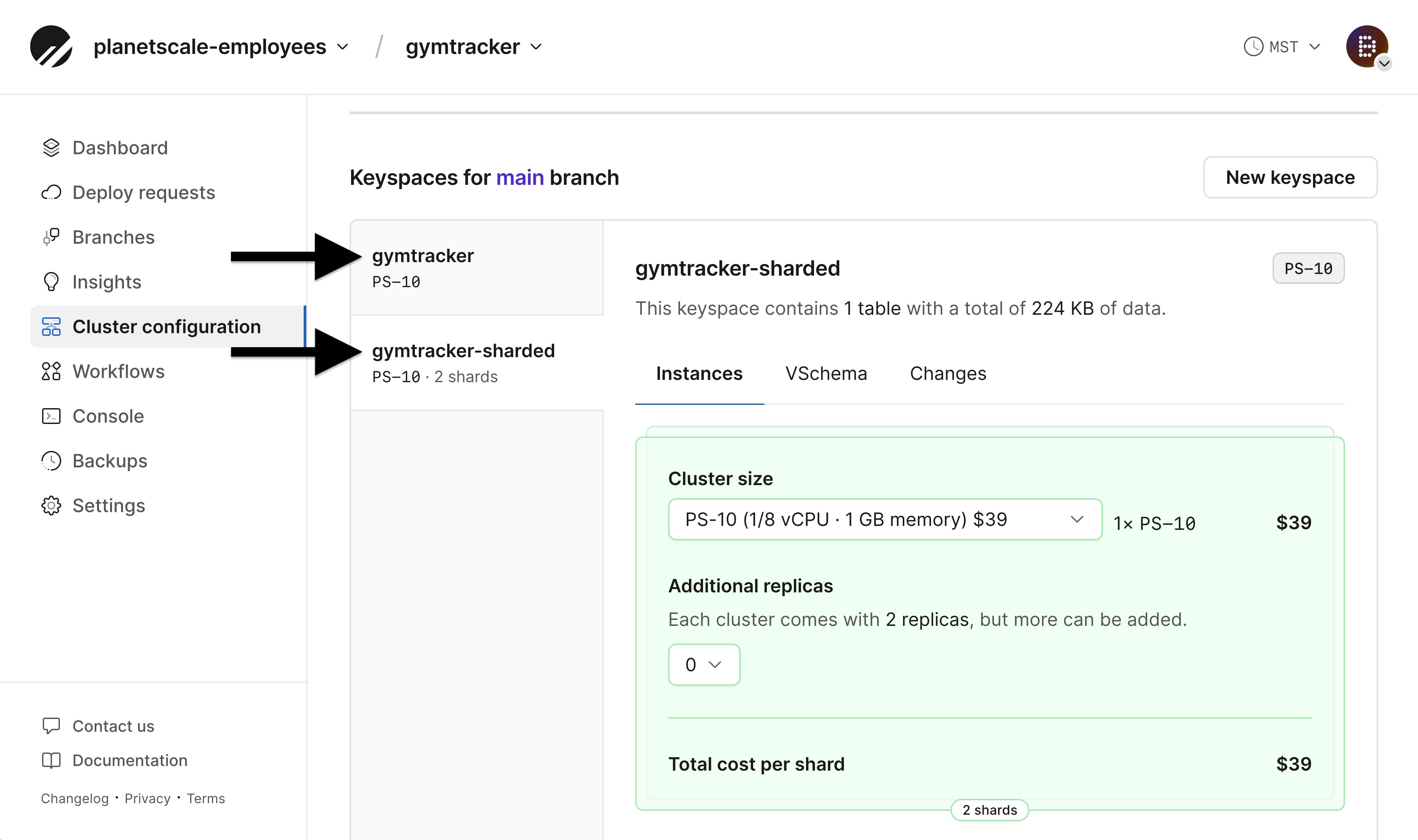 The cluster configuration UI with two keyspaces