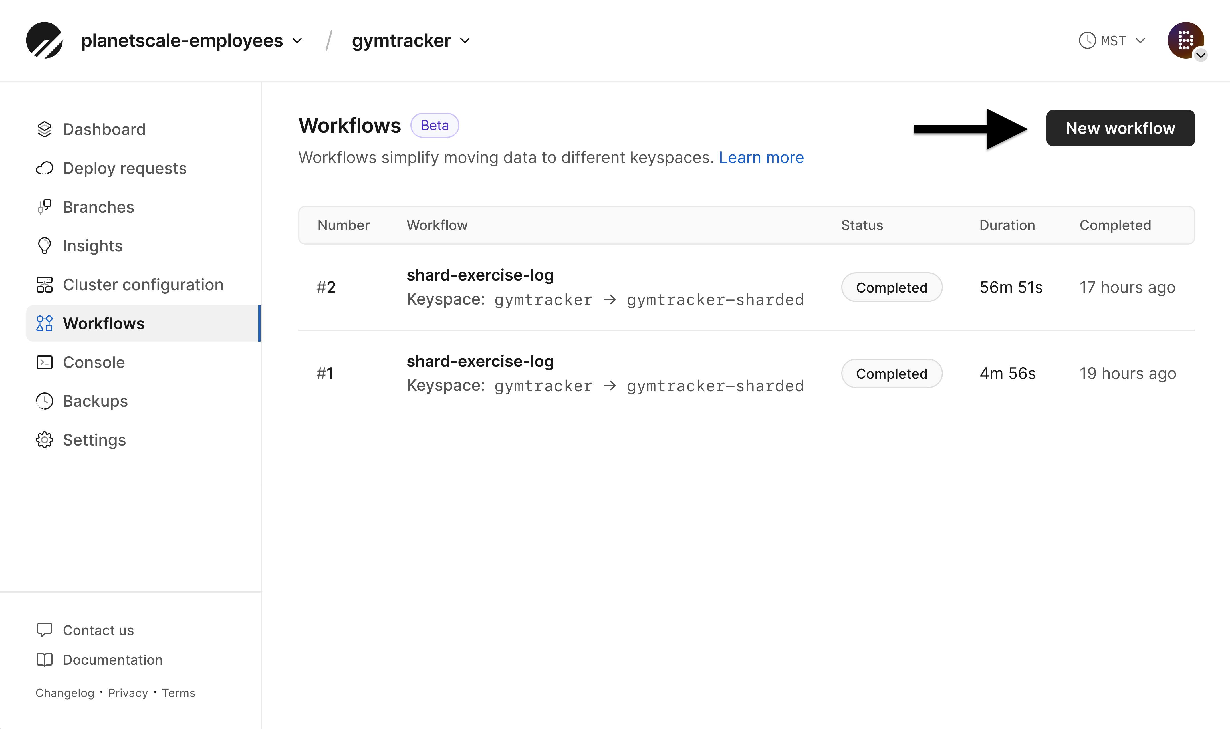 Workflows section of a PlanetScale database