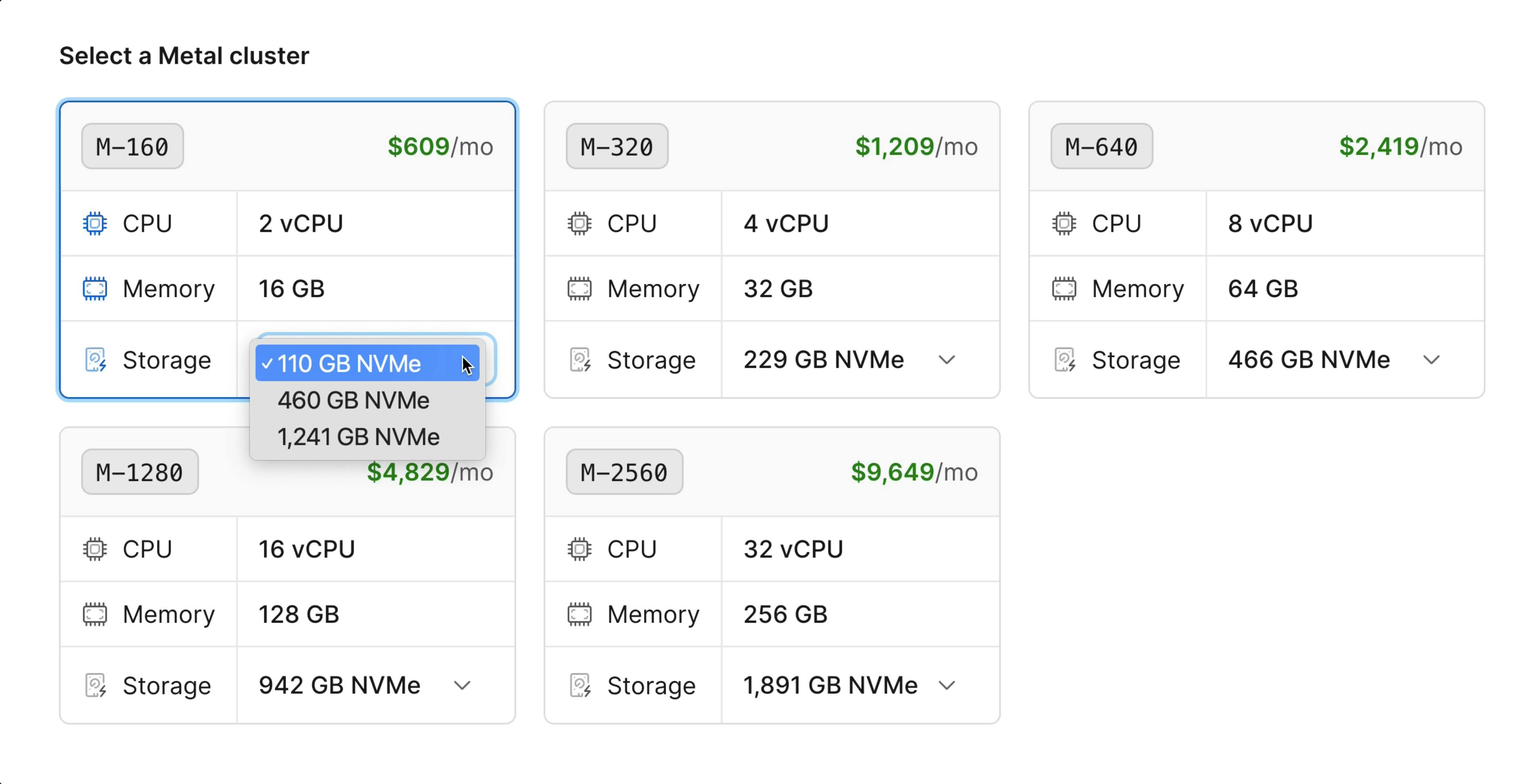 Select storage drive size for a Metal database