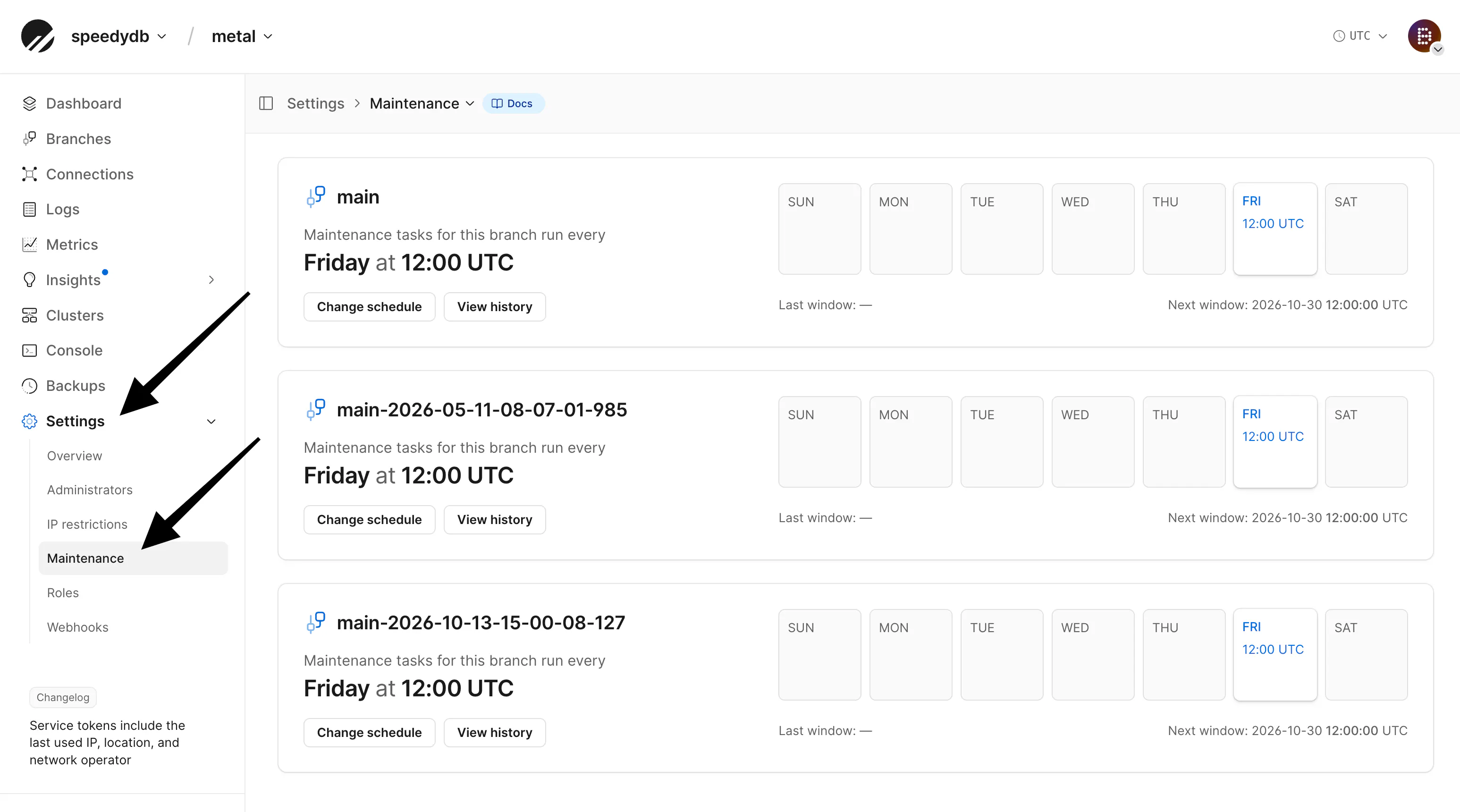 Settings Maintenance page showing each production branch's weekly maintenance window