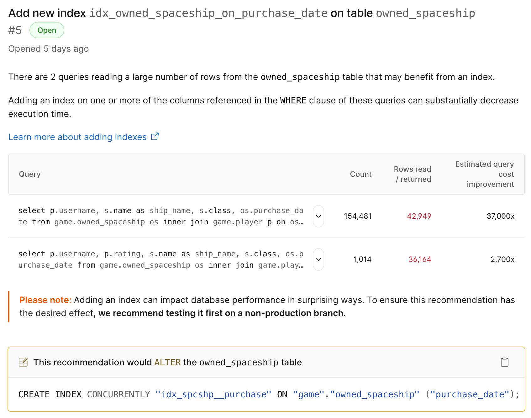 Postgres new index recommendation