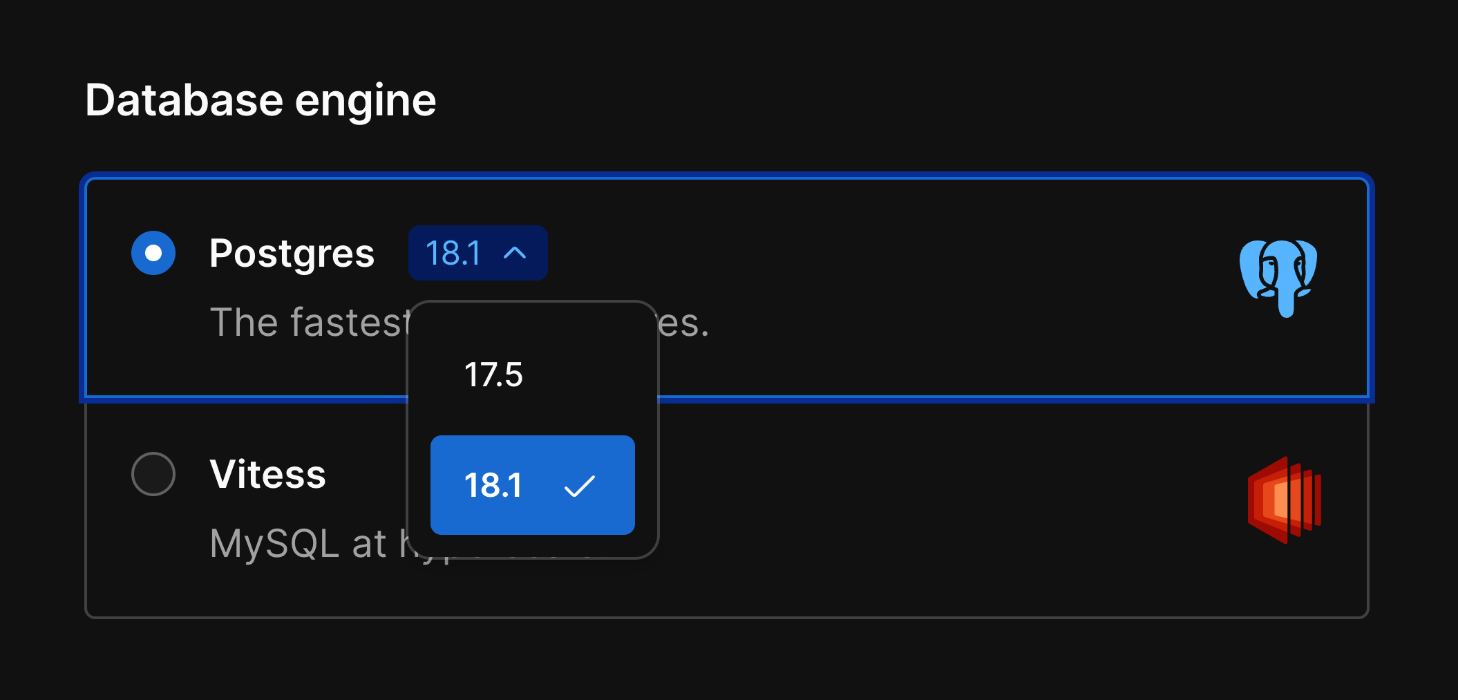 PlanetScale dashboard showing Postgres 18 version selection dropdown
