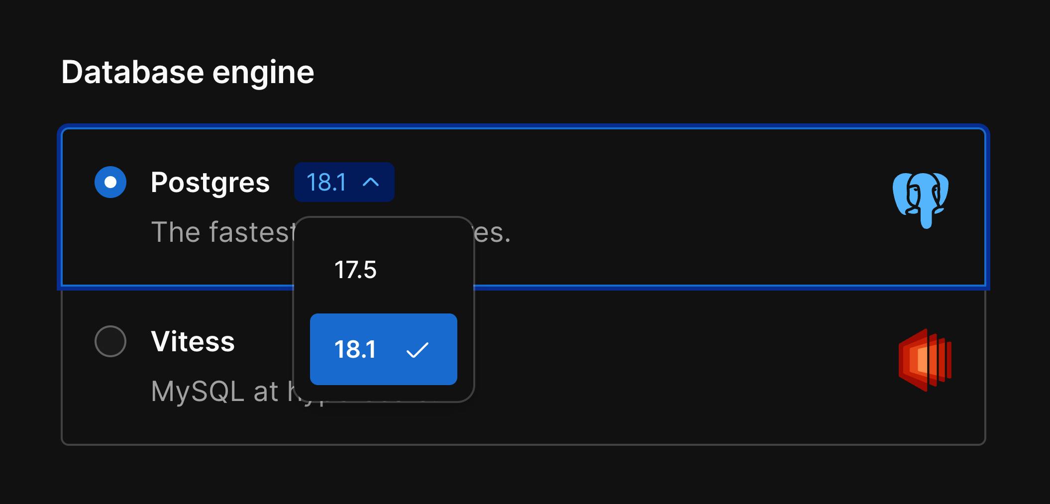 Postgres version selection dropdown