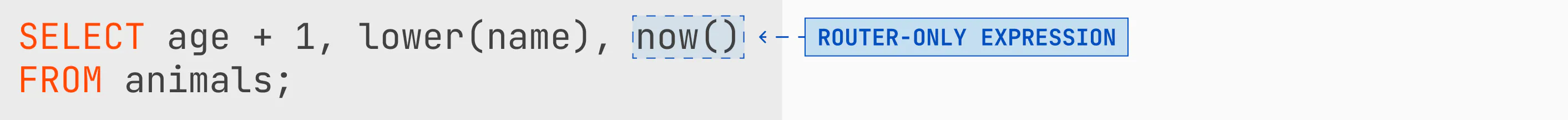 SELECT age + 1, lower(name), now() FROM animals; with the router-only expression now() highlighted