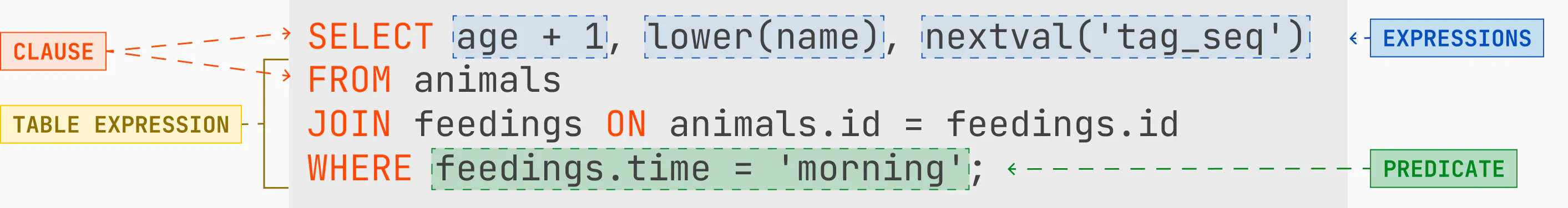 SELECT age + 1, lower(name), nextval('tag_seq') FROM animals JOIN feedings ON animals.id = feedings.id WHERE feedings.time = 'morning'; annotated with its clauses, expressions, predicate, and table expression