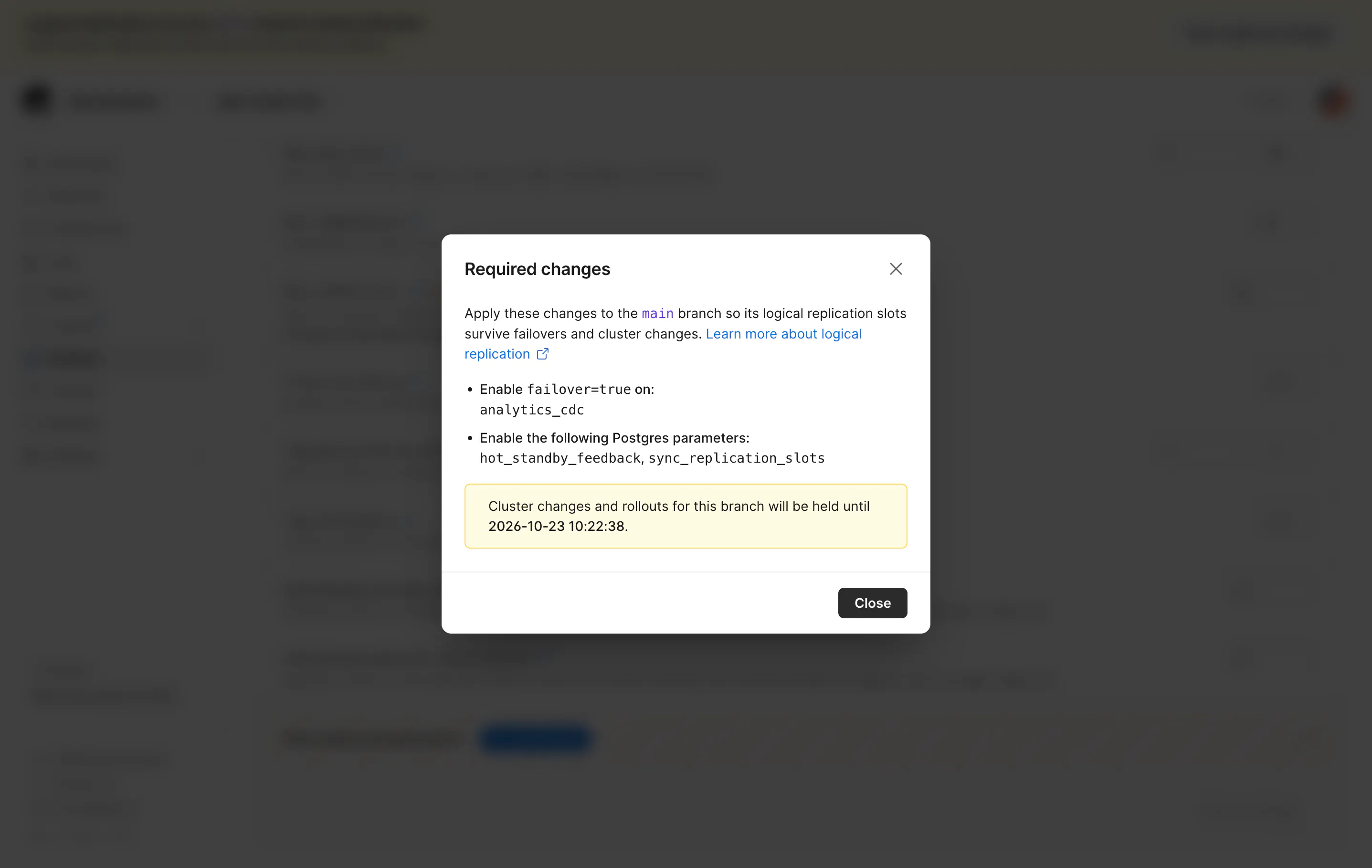 Required changes dialog listing the analytics_cdc slot and the Postgres parameters to enable