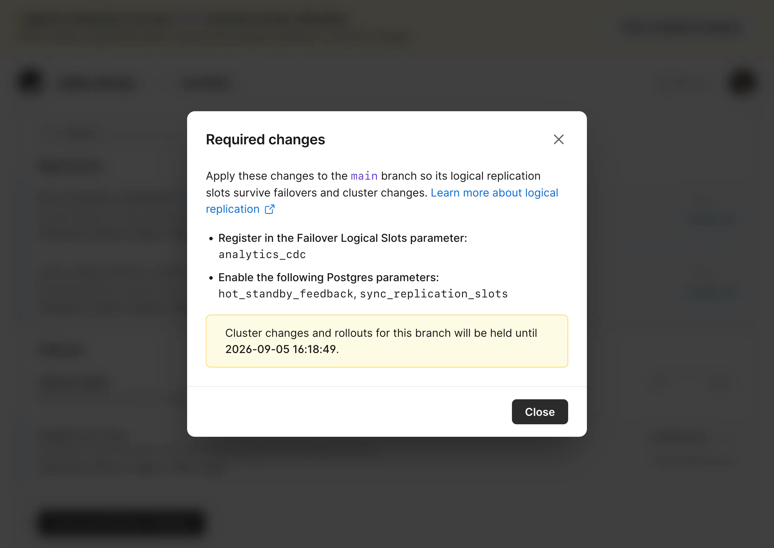 Required changes dialog listing the analytics_cdc slot and the Postgres parameters to enable
