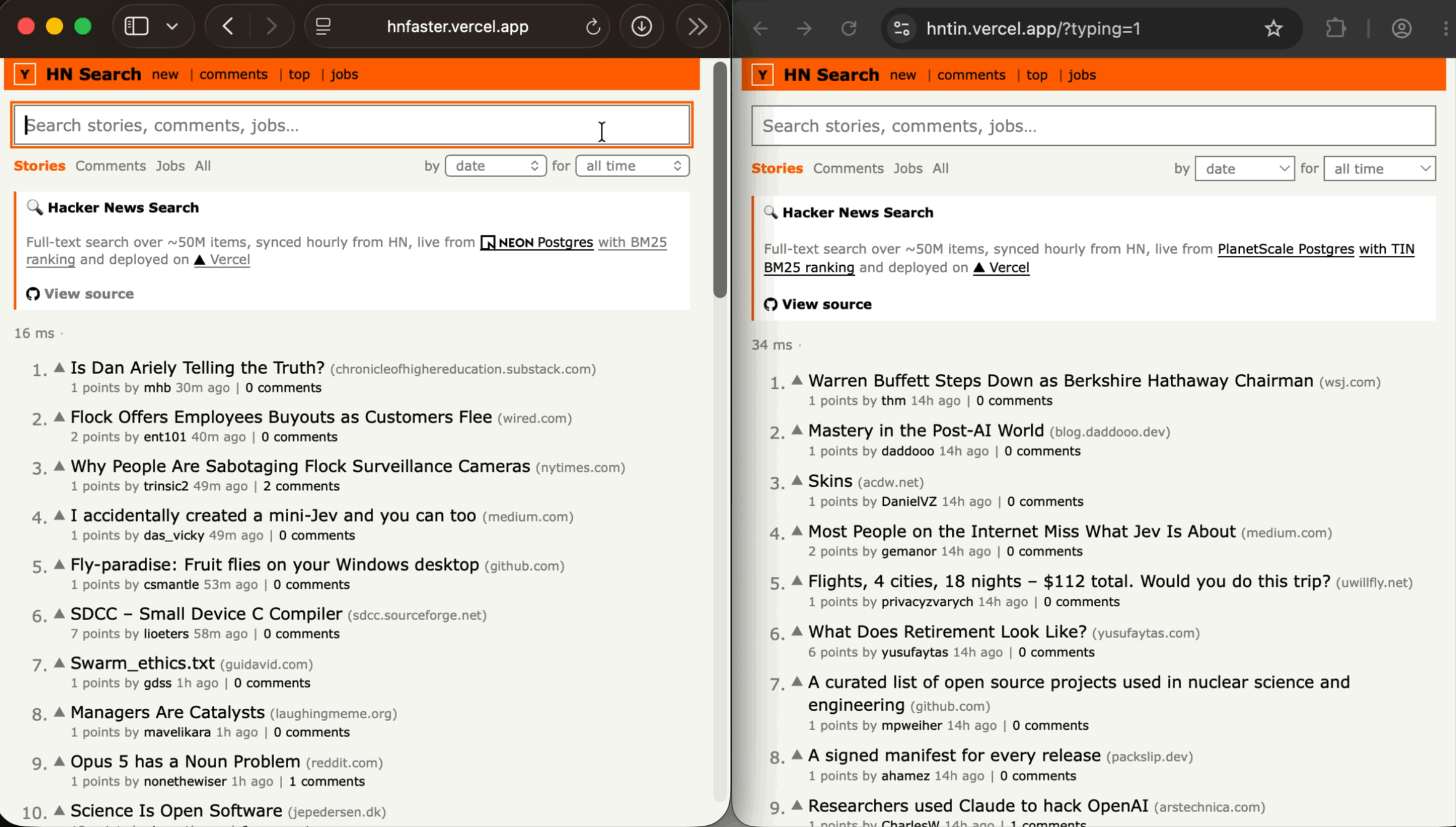 Searching for `planetscale` in two apps at once. The TIN app, on the right, finishes faster and flickers less.