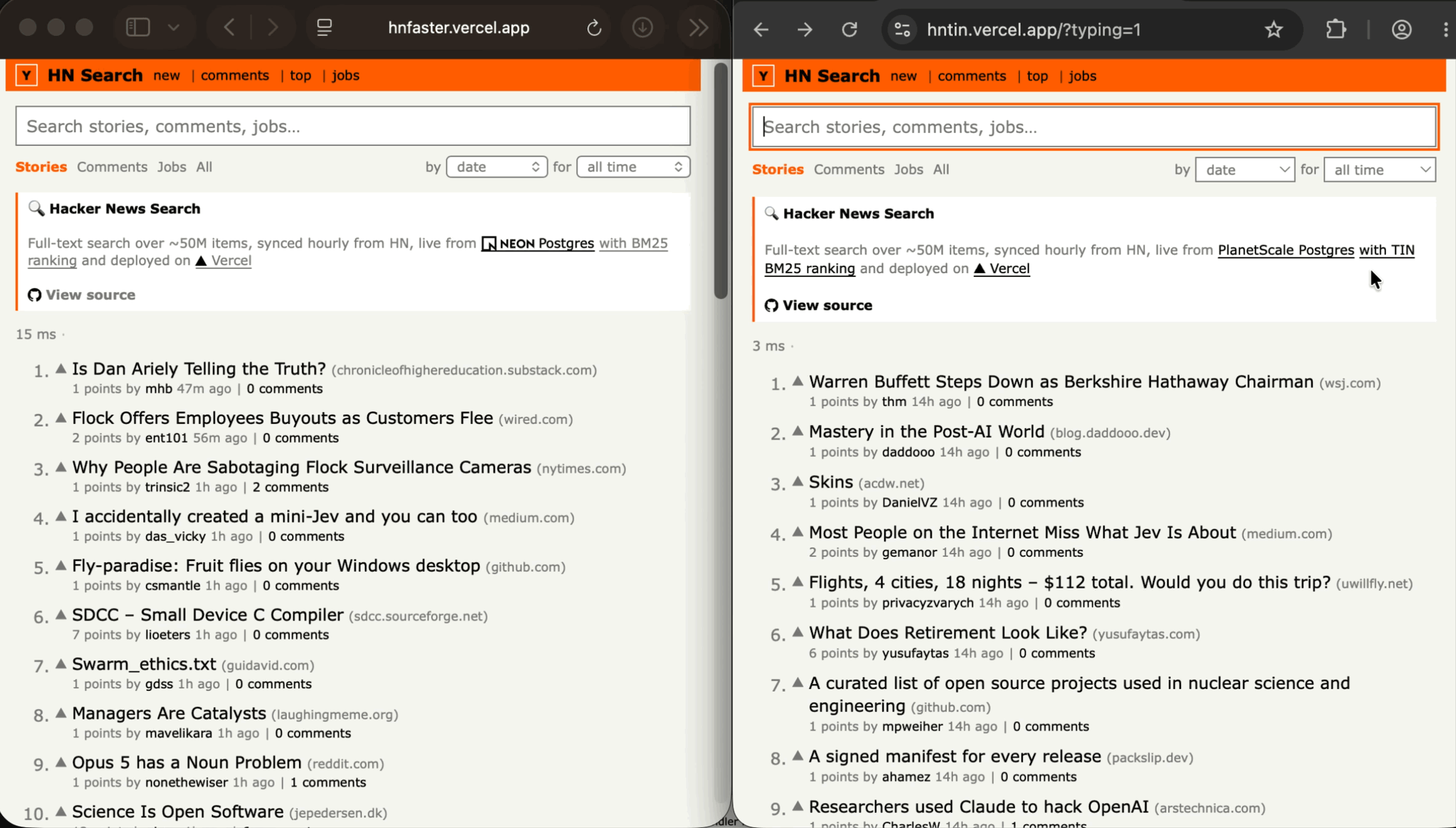 Searching for `planetscale datab`. The TIN app, on the right, finds results with `database` in them.