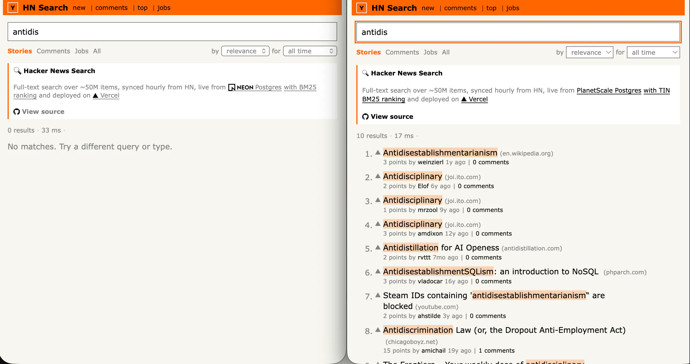 Searching for `antidis`. Only TIN, on the right, shows results, matching against much longer words.
