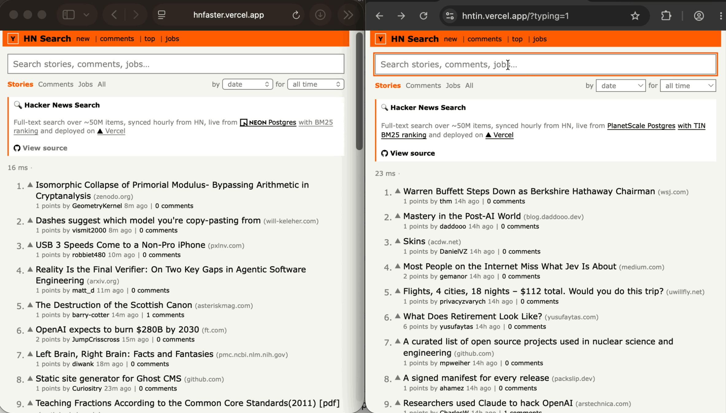 Searching for `to be or not to be`.  Lakebase, on the left, shows no results.  TIN, on the right, finds plenty.