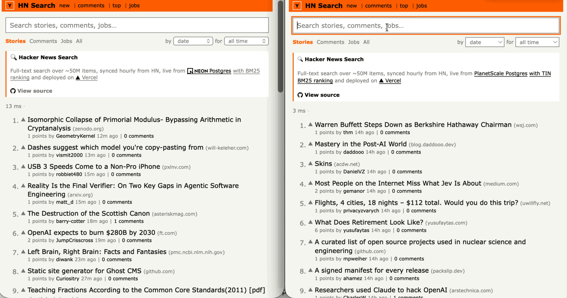 Searching for `show hn`.  Lakebase, on the left, is slow and claims about 3400 results.  TIN, on the right, is fast and gets a much higher correct count.