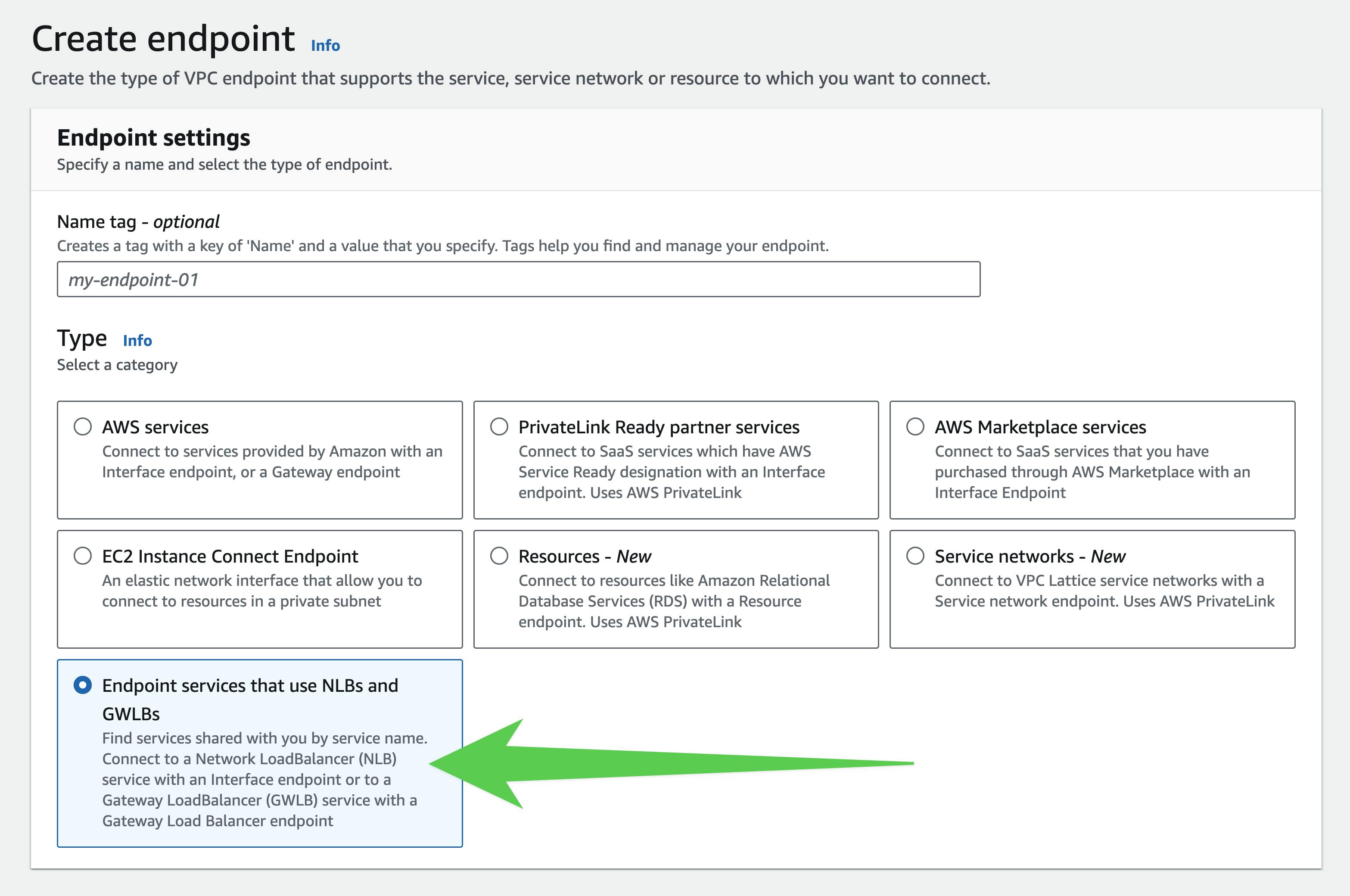 Menu to select endpoint type