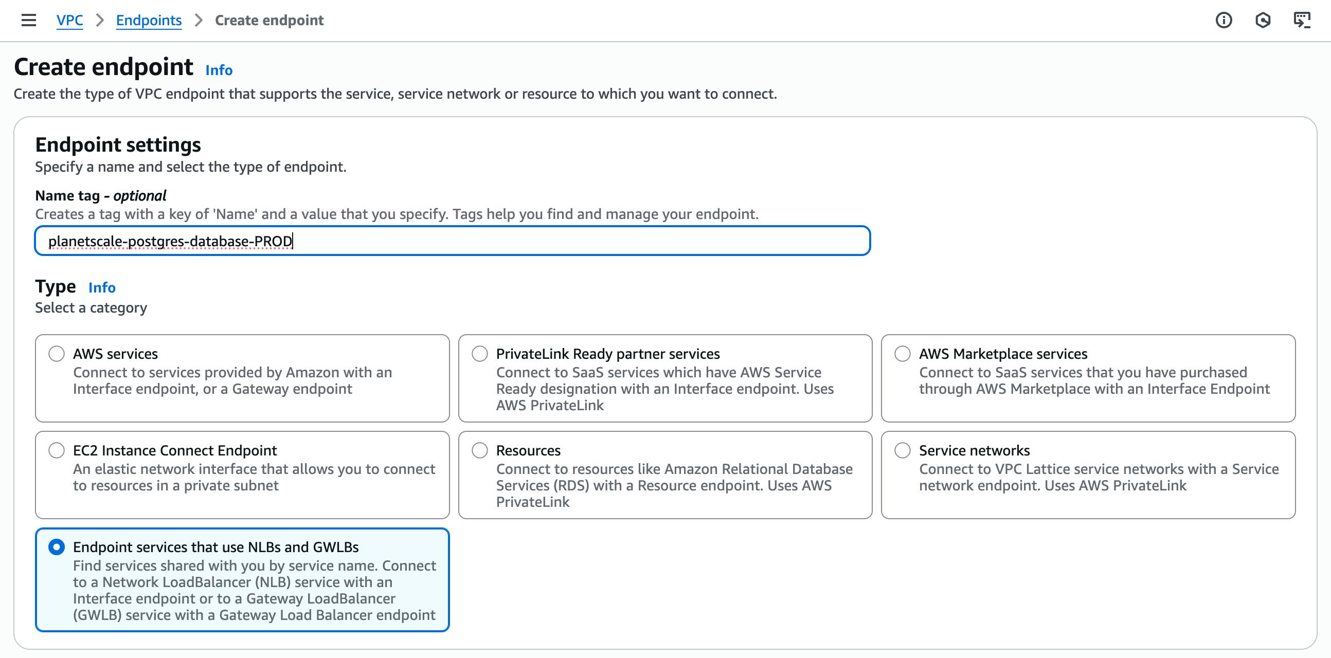Menu to select endpoint type
