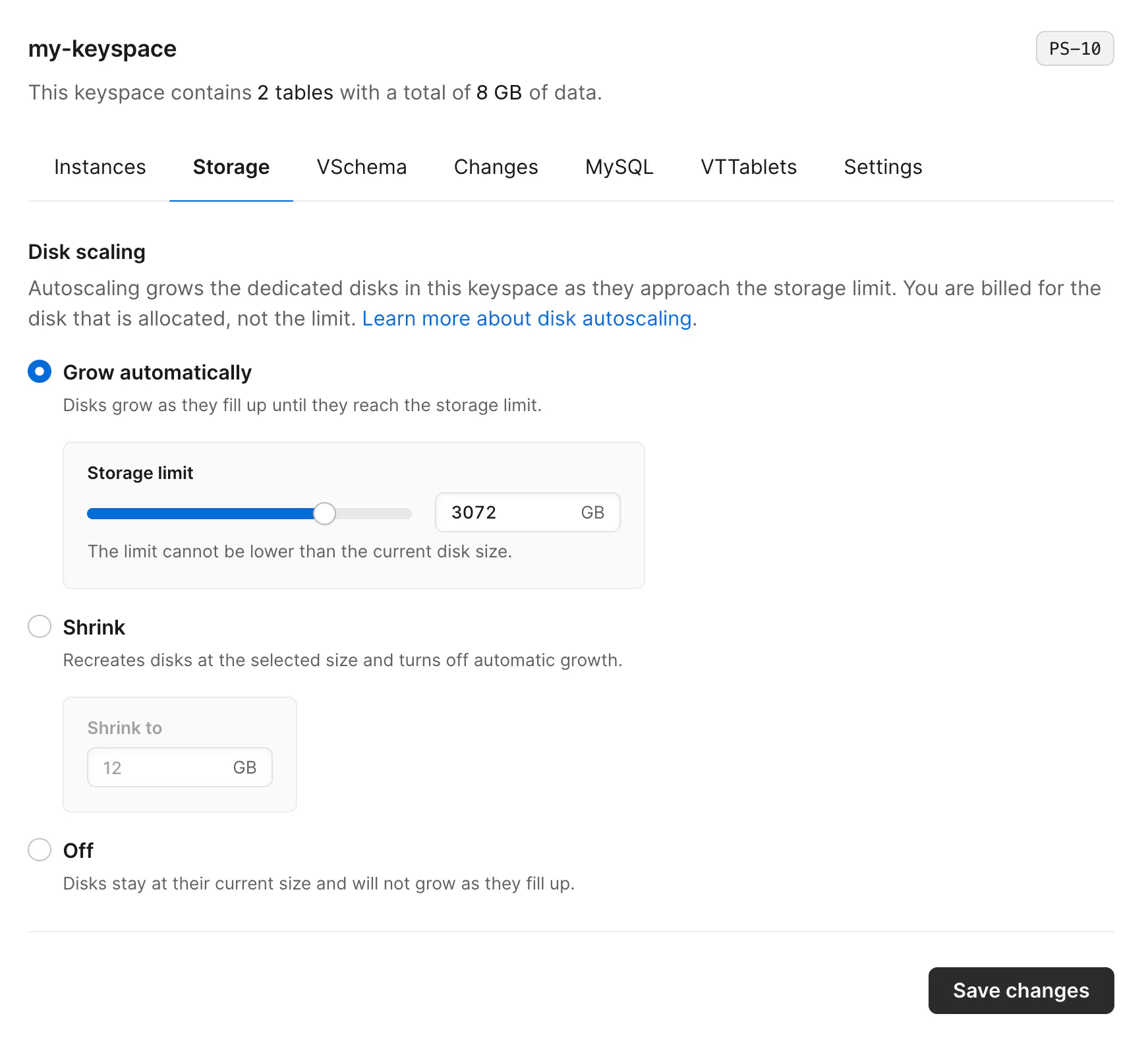 Disk scaling settings on a keyspace's Storage tab